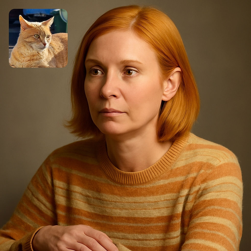 A majestic ginger cat lounges on a concrete surface, basking in the warm sunlight with a calm and focused gaze. The background is softly blurred, featuring a couple of parked cars and a green trash bin, giving a cozy urban vibe to this feline portrait.