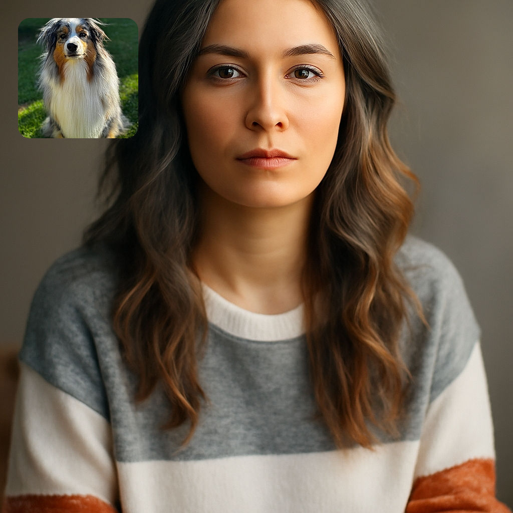 A majestic Australian Shepherd dog sits attentively on a sunny lawn, its fluffy fur glowing in the soft natural light with a serene and slightly regal expression.