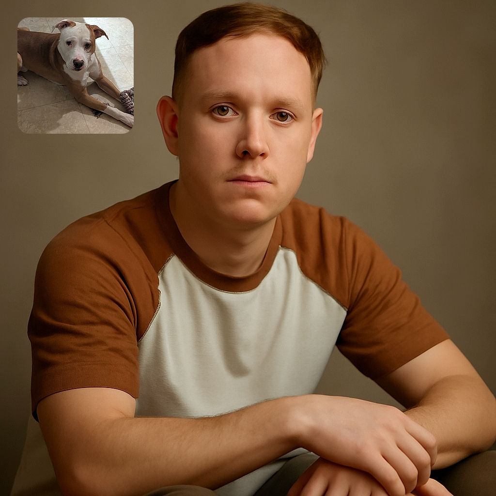 A thoughtful dog with a white and brown coat lounges on a tiled floor, paws stretched out over a colorful rope toy, gazing up with soulful eyes as if pondering the mysteries of fetch.