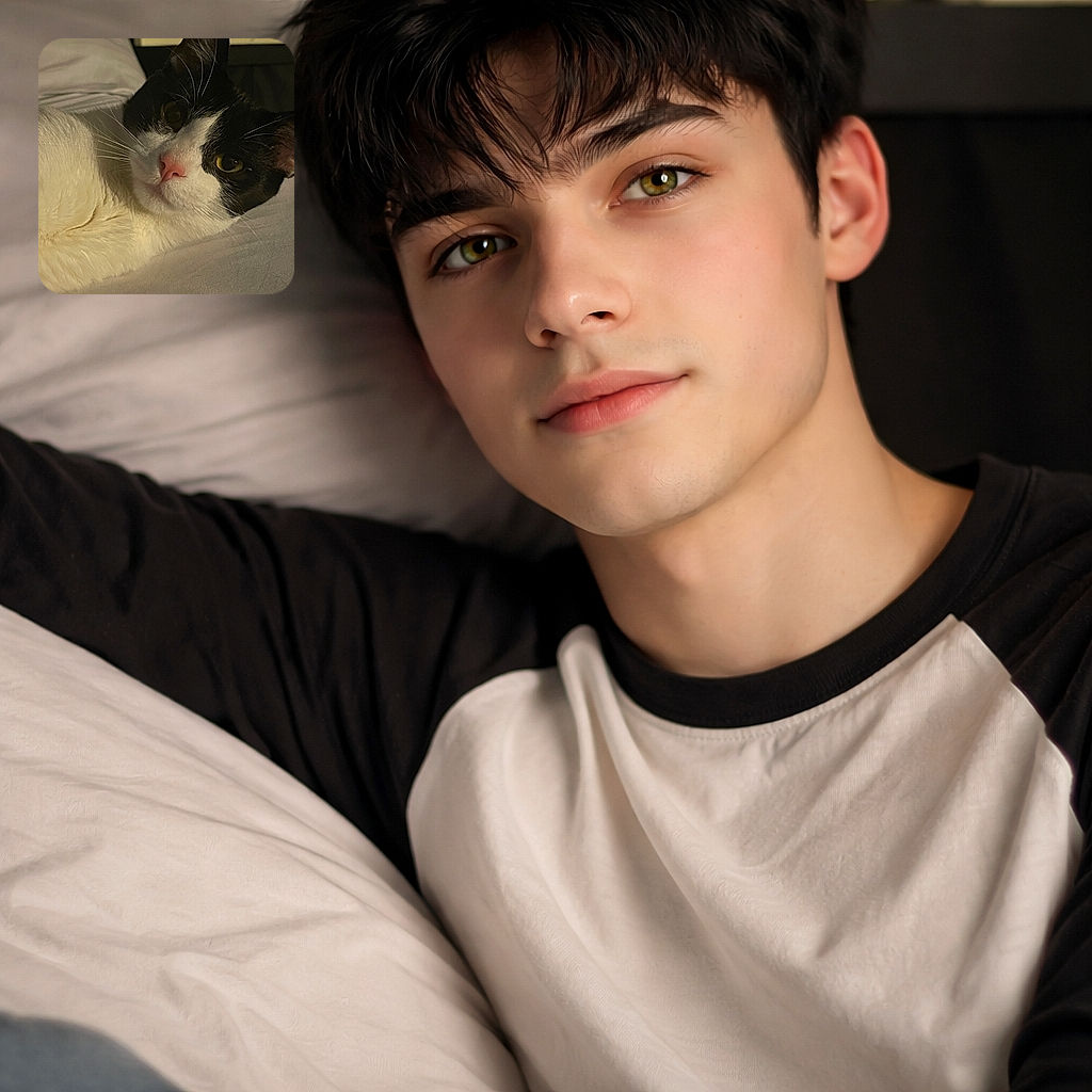 A cozy tuxedo cat sprawled on a bed, pink nose and one golden eye staring with mild judgment — clearly plotting where the treats went. Soft fur, dramatic low light, and peak lounge energy.