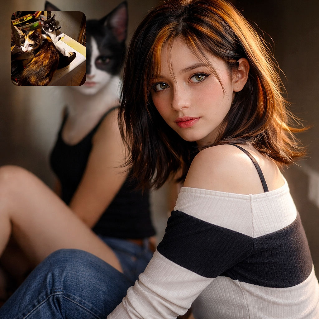 Two cats commandeer a cluttered work surface like tiny managers — a calico giving a skeptical side-eye while a black-and-white kitten lounges with nap-level authority among tools and a toolbox.