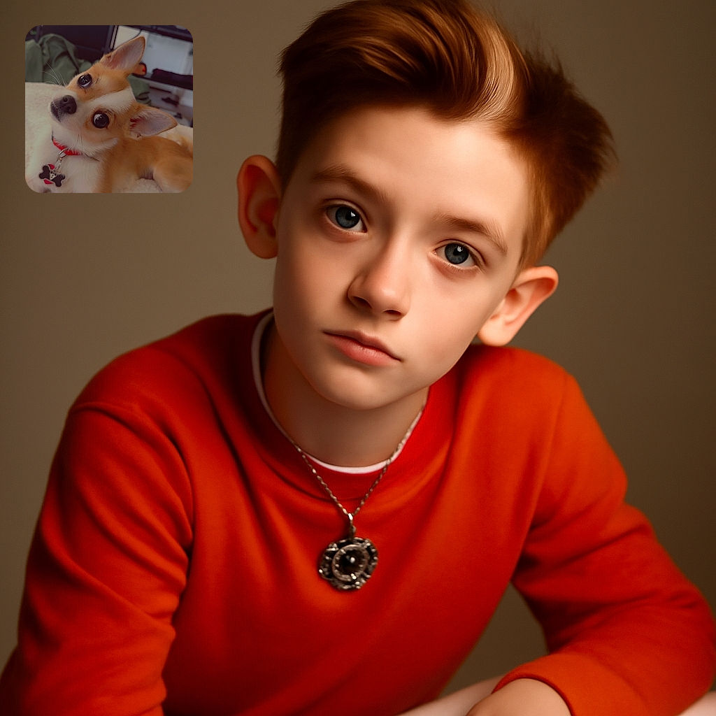 A cute small dog with big, expressive eyes and a red collar is lying on a fluffy white blanket, tilting its head in an adorably curious way. The background shows a cozy room with a TV and some furniture, slightly blurred to keep the focus on the pup's charming face.
