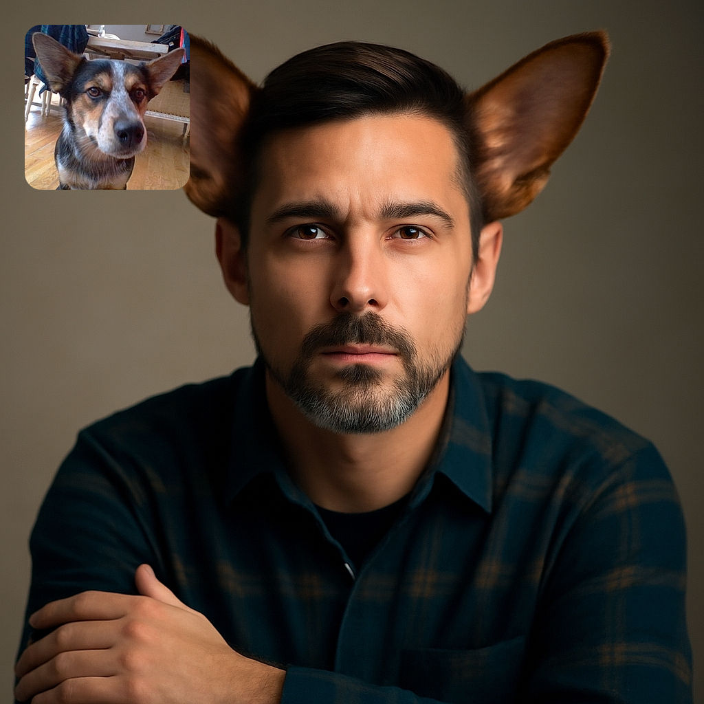 A curious dog with large ears and a speckled face looks directly at the camera indoors, surrounded by wooden floors and furniture, with coats hanging in the background.