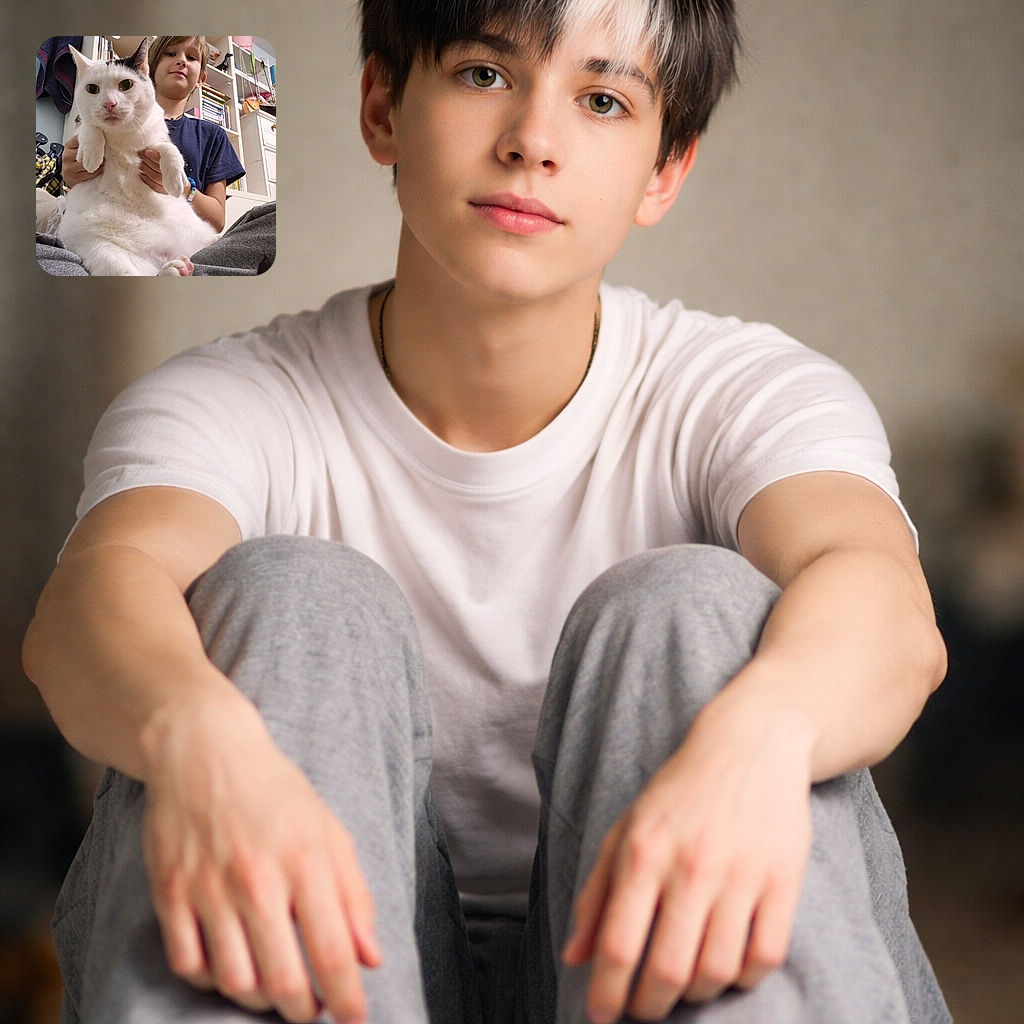 A young child holds a large white cat with black markings close to the camera, making the cat appear comically oversized. The background shows a cozy room with shelves filled with books and various items, adding a homey touch to the scene. The cat looks calm and curious, while the child smiles gently, capturing a sweet moment of companionship.