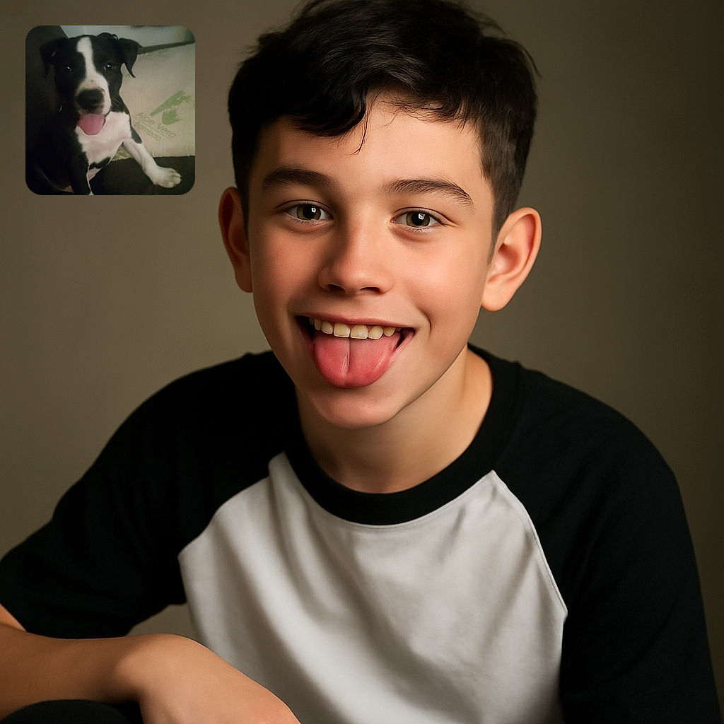 A playful black and white puppy with its tongue sticking out, sitting on a couch with a pillow that reads 'Aloe Vera Bamboo' in the background. The image is a bit blurry and dimly lit, giving it a cozy, casual snapshot vibe.