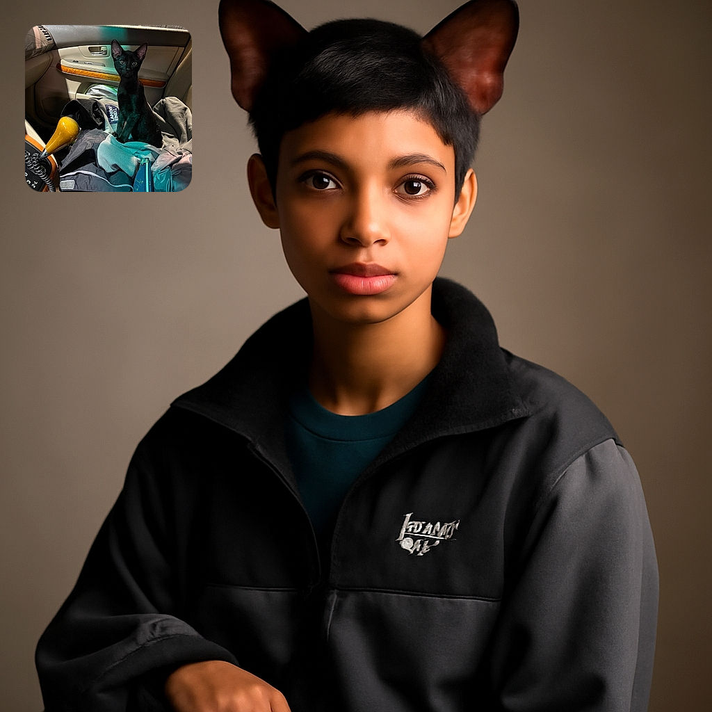 A sleek black kitten with big ears sits alertly on a pile of jackets inside a car, looking curiously at the camera. The warm interior lighting contrasts with the dark night outside the window, and the wooden gear shift adds a vintage vibe to the cozy scene.