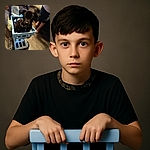 A cute black puppy sits adorably inside a small blue toy shopping cart, looking curiously at the camera. Two children are partially visible, one holding the cart handle and another standing nearby on a wooden floor, with a cozy couch in the background.