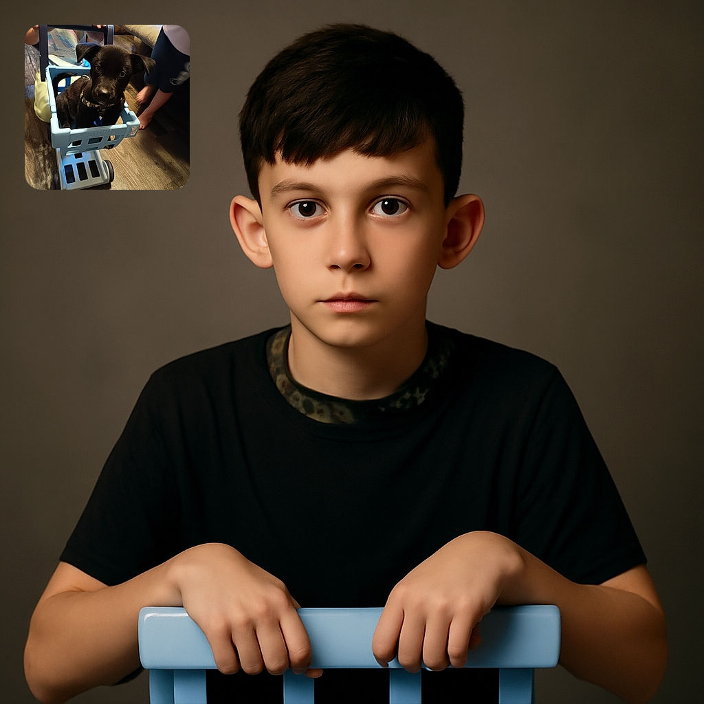 A cute black puppy sits adorably inside a small blue toy shopping cart, looking curiously at the camera. Two children are partially visible, one holding the cart handle and another standing nearby on a wooden floor, with a cozy couch in the background.