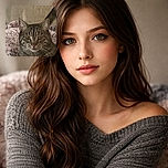 A close-up photo of a tabby cat resting on a floral-patterned blanket with a neutral background. The cat's eyes are wide and curious, and its whiskers stand out prominently.