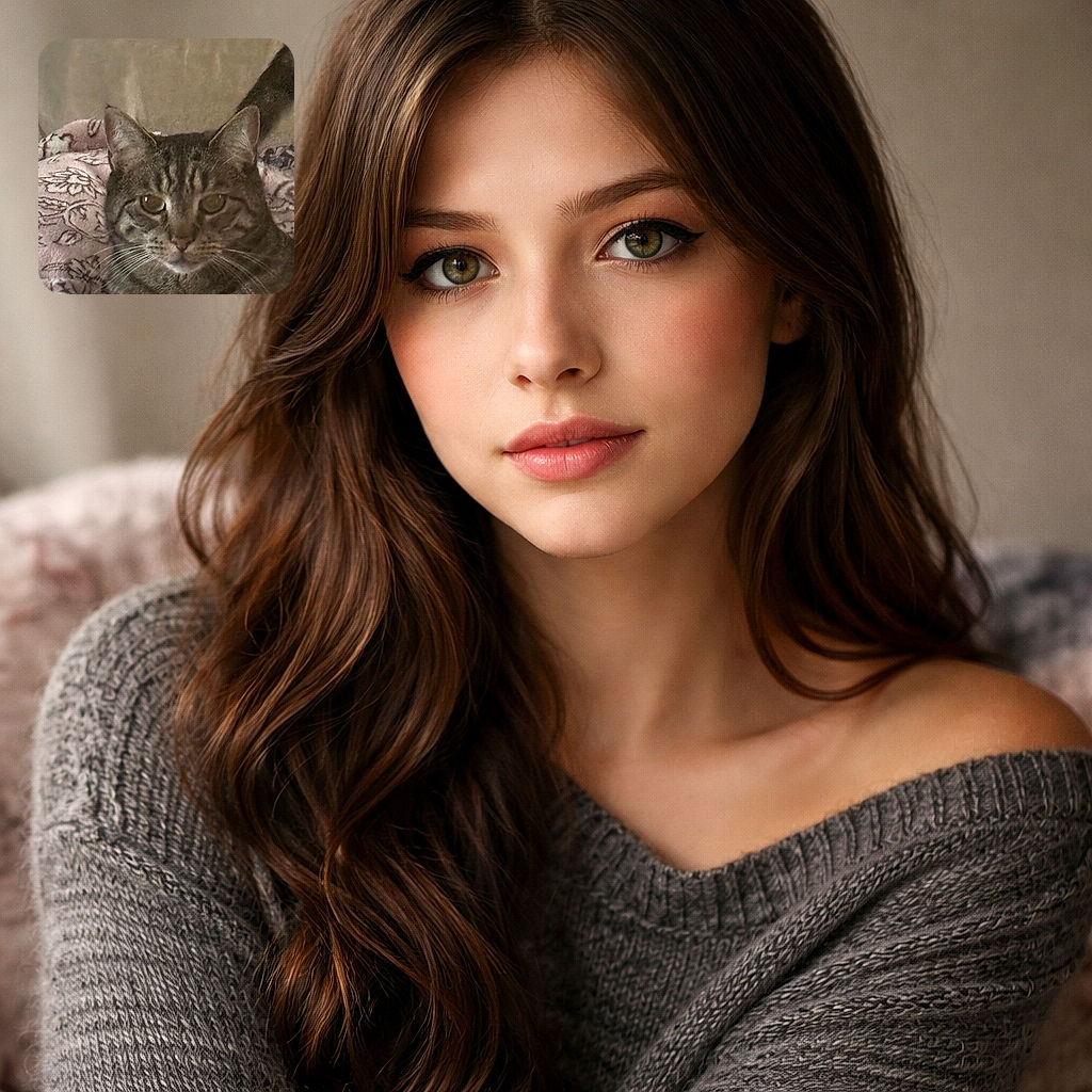 A close-up photo of a tabby cat resting on a floral-patterned blanket with a neutral background. The cat's eyes are wide and curious, and its whiskers stand out prominently.