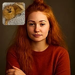 A fluffy, golden-brown dog lounges comfortably on a soft, shaggy gray pet bed, looking up with a calm and slightly curious expression, its tail curled around its body.