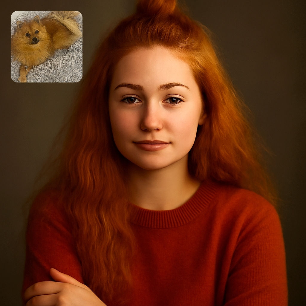 A fluffy, golden-brown dog lounges comfortably on a soft, shaggy gray pet bed, looking up with a calm and slightly curious expression, its tail curled around its body.