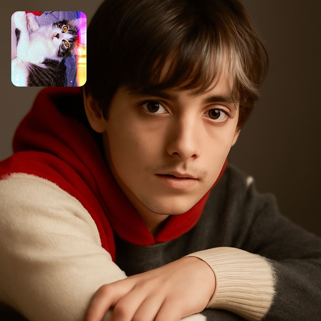 A cozy cat lounges on a bed surrounded by colorful blankets, with a dreamy vintage filter and light leaks adding a nostalgic vibe to the scene.