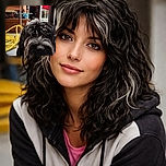 A close-up photo of a fluffy black and white dog with curly fur, partially blocking the camera view. In the background, there's a coiled yellow hose, a wooden table with various items, and a doorway with red hanging fabric. The scene looks like a casual indoor or garage setting.