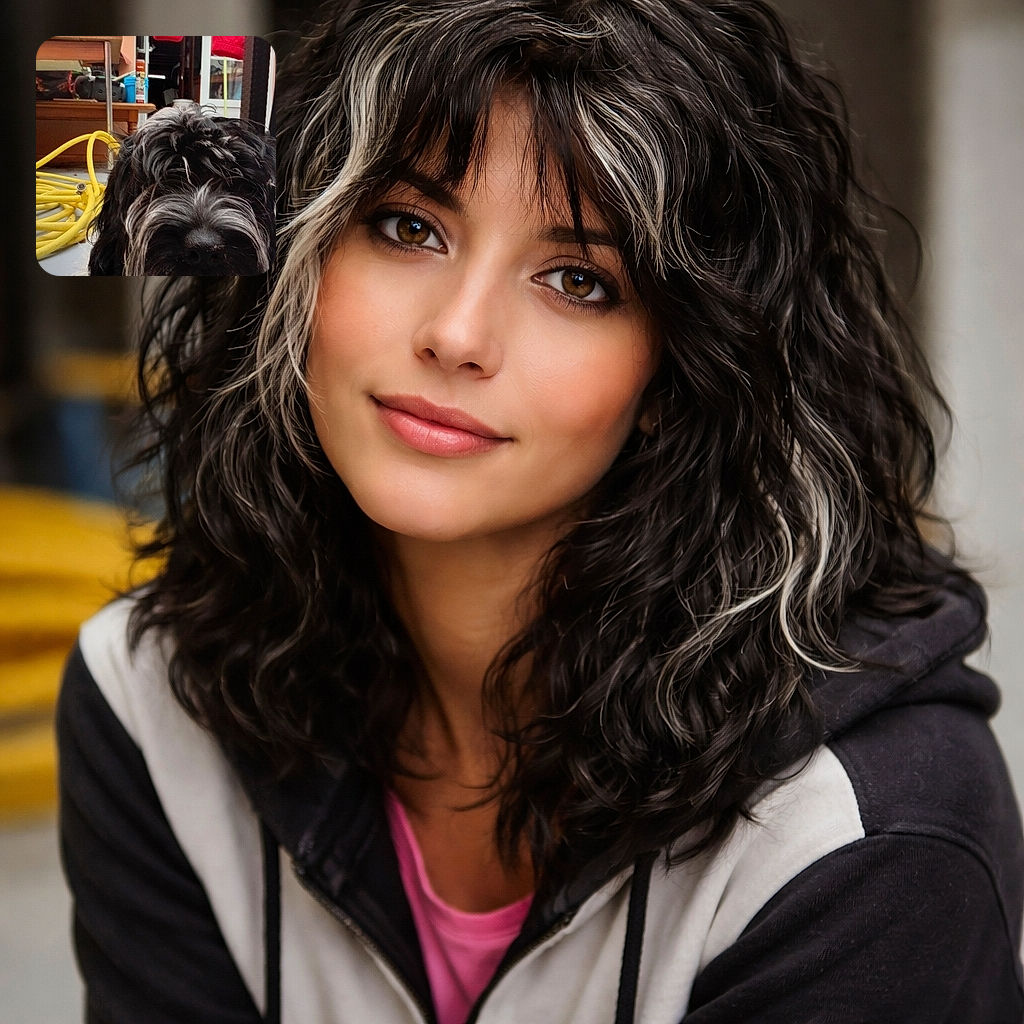 A close-up photo of a fluffy black and white dog with curly fur, partially blocking the camera view. In the background, there's a coiled yellow hose, a wooden table with various items, and a doorway with red hanging fabric. The scene looks like a casual indoor or garage setting.