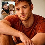 A cozy selfie featuring a woman in a black cap and hoop earrings snuggling a large brown dog with droopy ears, both looking relaxed and content in a softly lit room.
