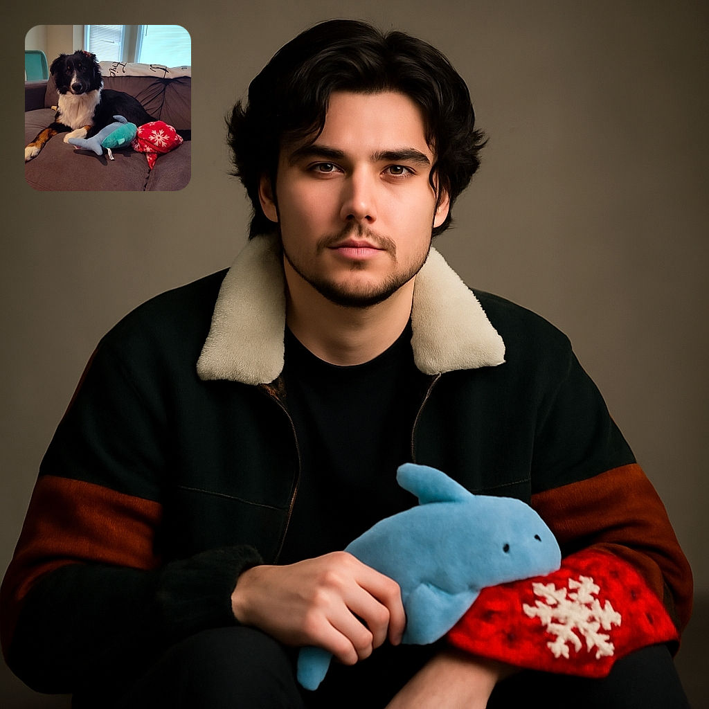A fluffy black and white dog lounges comfortably on a gray couch, surrounded by a cozy red snowflake blanket and a plush blue shark toy, with soft window light illuminating the scene.