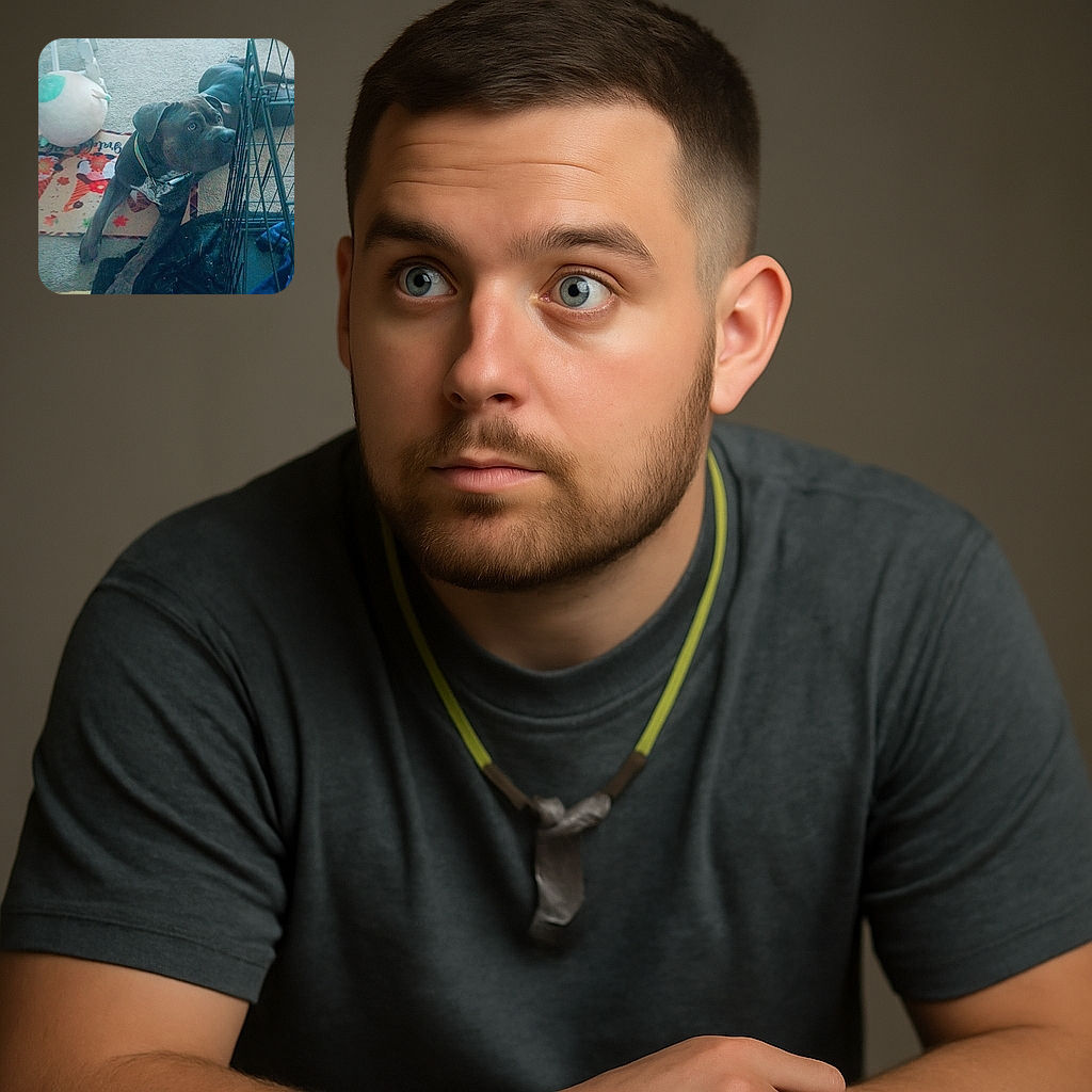 A curious dog with a collar is lying on a carpet next to a black crate, looking intently at something off-camera. The room is cozy with scattered toys, a quilt, and a chair nearby, creating a casual home atmosphere.
