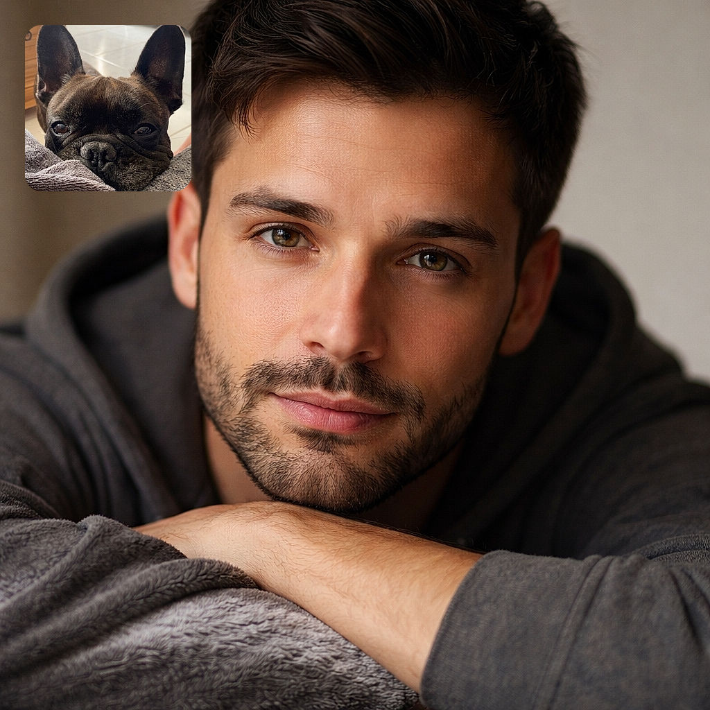 A close-up shot of a French Bulldog resting its head on a soft gray blanket, with big ears perked up and soulful eyes gazing forward, capturing a moment of cozy canine curiosity indoors.
