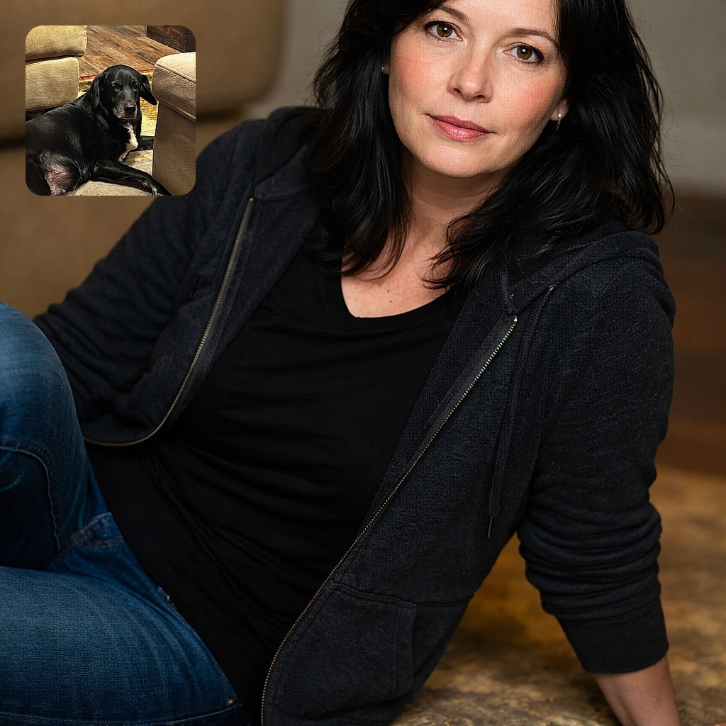 A relaxed black dog with a white patch on its chest lounges comfortably on a patterned rug between two beige couches in a cozy living room with wooden floors and a rustic chest in the background.