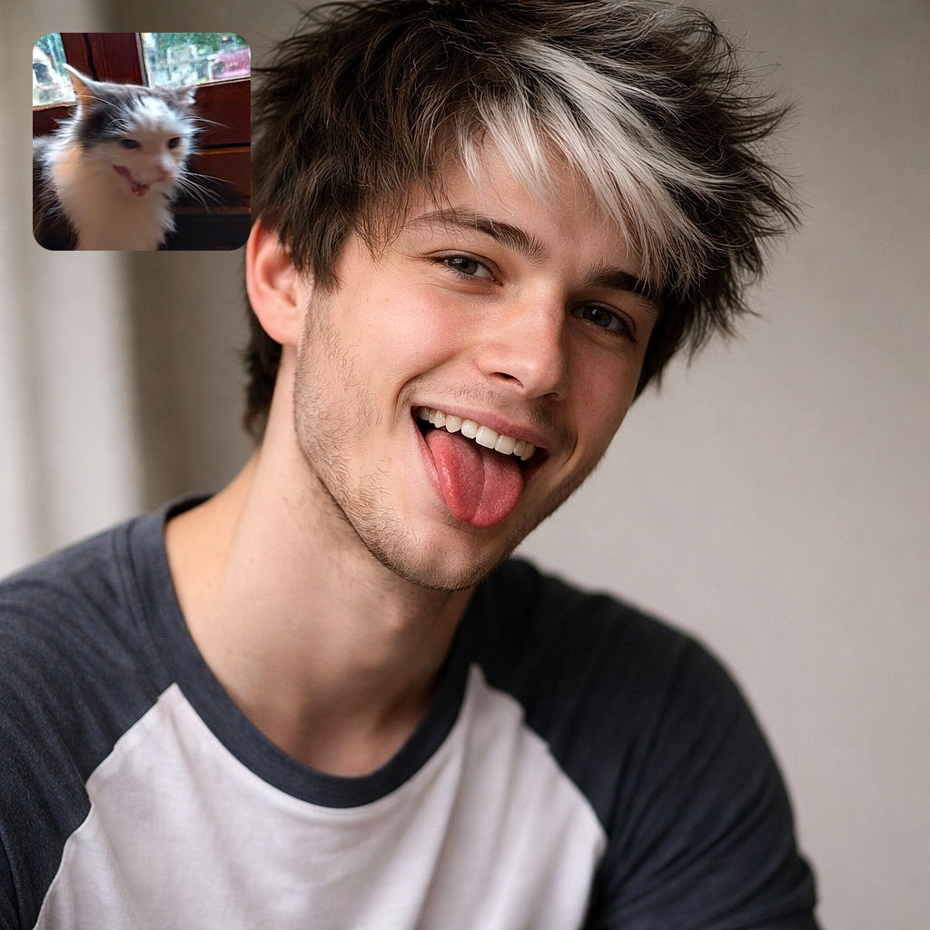 A blurry close-up of a fluffy white and gray cat with its mouth open, possibly mid-meow or caught in an awkward expression, sitting in front of a wooden door with a window showing an out-of-focus outdoor scene.