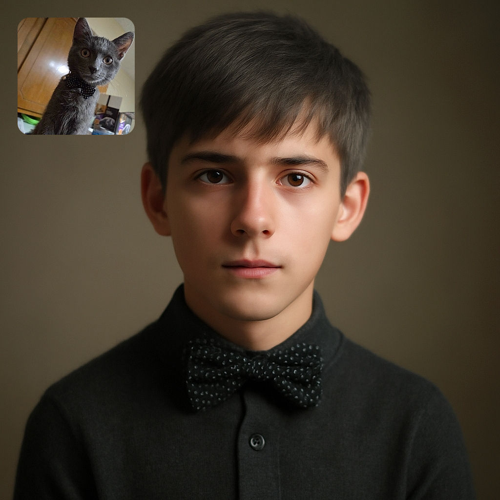 A curious gray cat wearing a stylish black polka-dot bow tie stares directly at the camera with wide, expressive eyes. The background shows a wooden cabinet and some household items, giving a cozy indoor vibe. The cat's fur texture and whiskers are clearly visible, making it a charming and candid pet portrait.