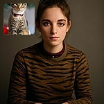 A curious tabby cat with striking green eyes sits upright on a cozy blanket, sporting a collar with a pink tag. The background is softly blurred, highlighting the cat's focused gaze and striped fur pattern.