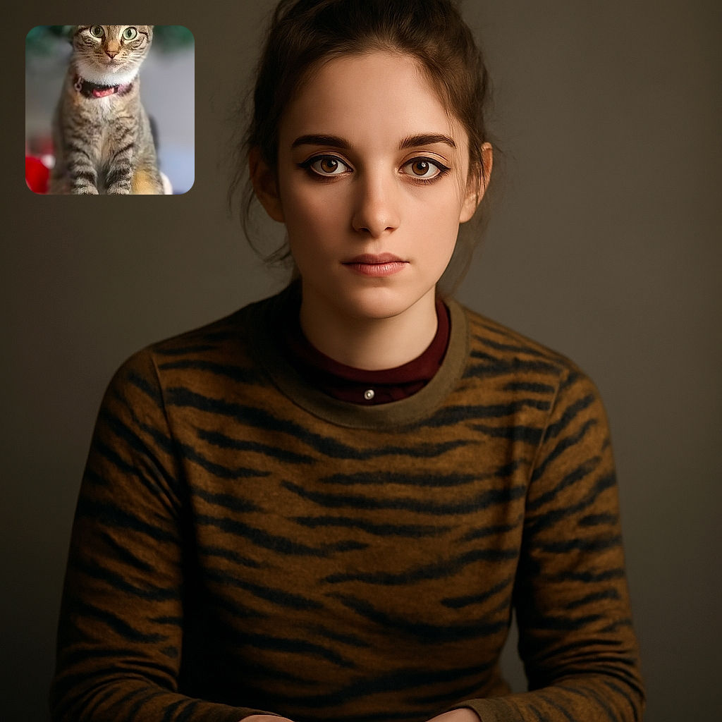 A curious tabby cat with striking green eyes sits upright on a cozy blanket, sporting a collar with a pink tag. The background is softly blurred, highlighting the cat's focused gaze and striped fur pattern.