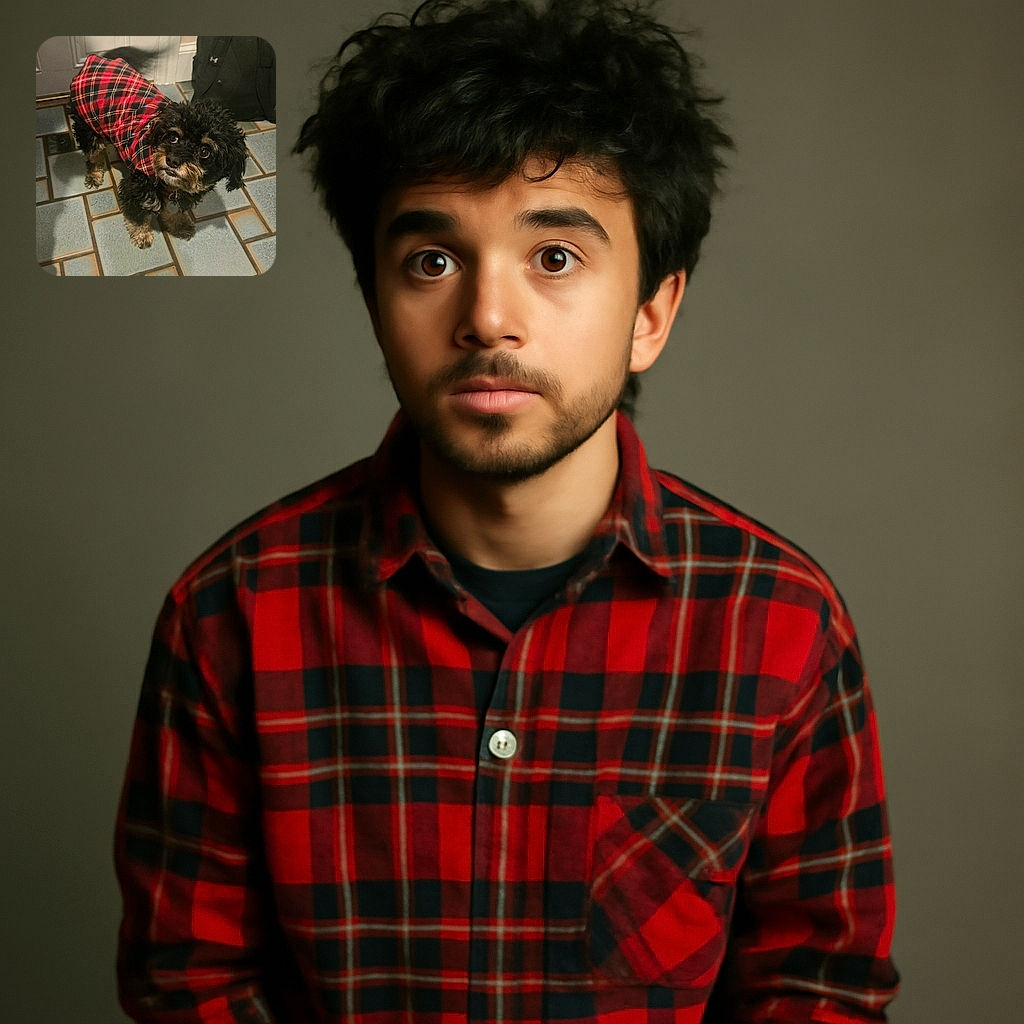 A charming small dog wearing a cozy red plaid jacket looks up with big, soulful eyes on a tiled floor, ready to melt hearts and maybe score some treats.
