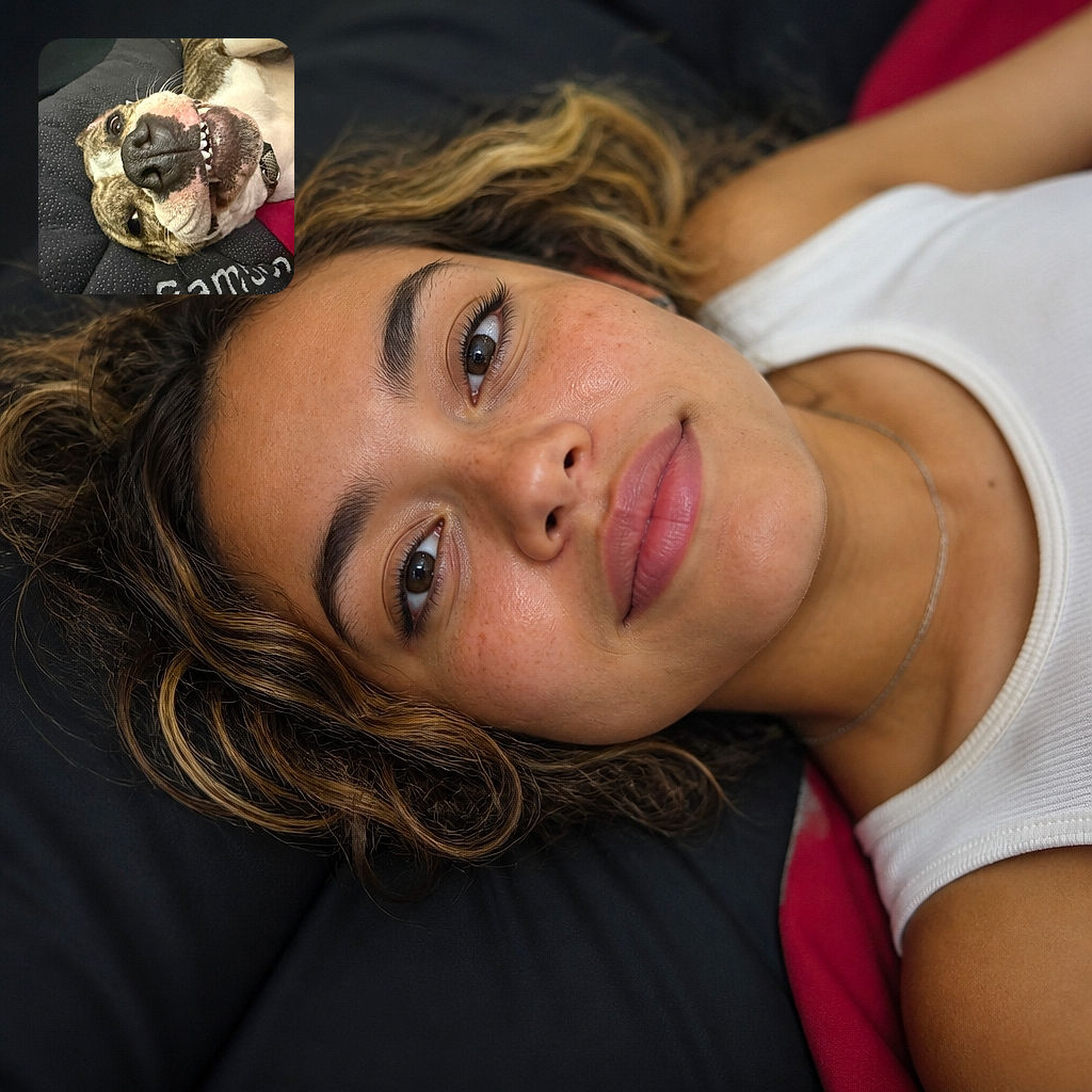A delightfully upside-down dog is giving the camera its best wrinkly grin, showing off a giant nose, bright eyes, and tiny teeth while lounging dramatically on a blanket like a canine comedian between punchlines.
