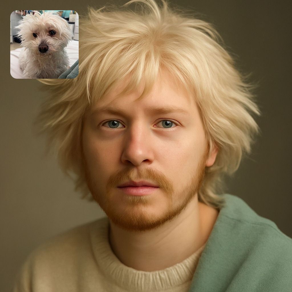 A fluffy white dog with tousled fur looks curiously into the camera while resting on a bed. The background is a cozy room with a colorful collection of stuffed animals hanging on the wall and a large TV mounted on a turquoise wall.