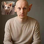 A curious Sphynx cat with large ears and striking blue eyes sits attentively on a soft beige couch, its wrinkled skin adding character to the close-up portrait in warm natural light.
