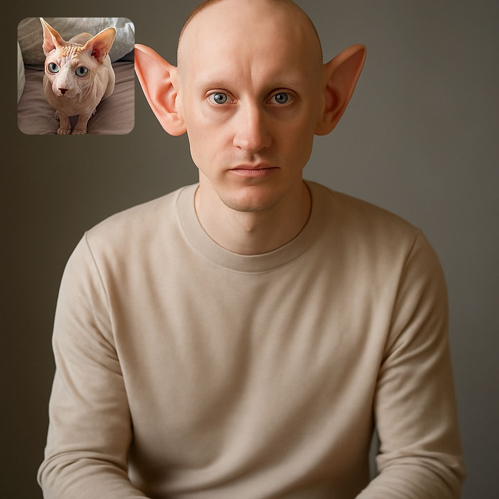 A curious Sphynx cat with large ears and striking blue eyes sits attentively on a soft beige couch, its wrinkled skin adding character to the close-up portrait in warm natural light.