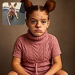 A cute French Bulldog puppy with heterochromia (two different colored eyes) is sitting on a dark floor, wearing a pink sweater and a matching leash, looking straight at the camera with a slightly serious expression.