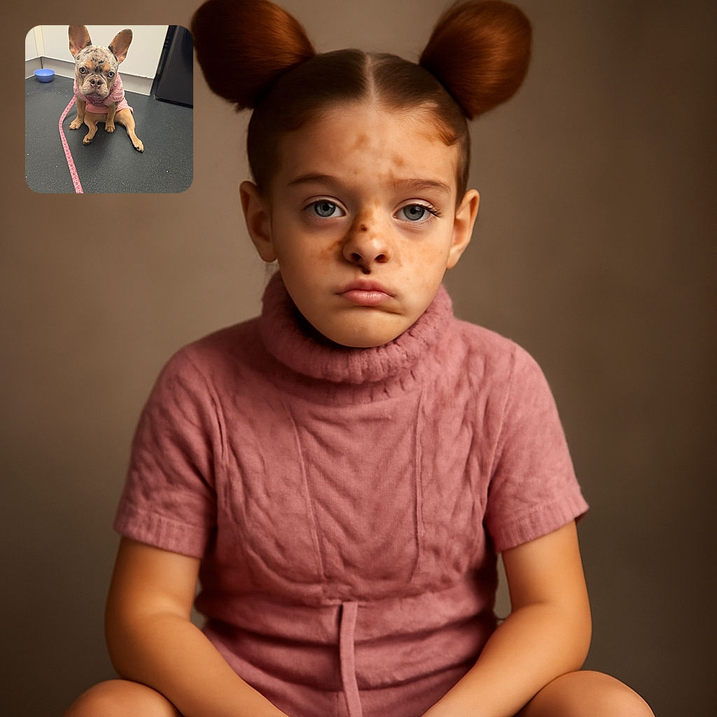 A cute French Bulldog puppy with heterochromia (two different colored eyes) is sitting on a dark floor, wearing a pink sweater and a matching leash, looking straight at the camera with a slightly serious expression.