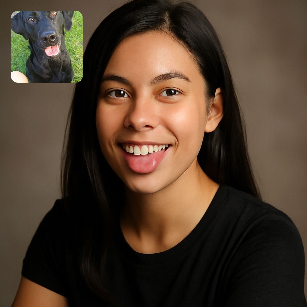 A happy black dog with shiny eyes and tongue out sits on green grass next to a person's leg, looking eagerly at the camera in a slightly blurry but charming outdoor snapshot.