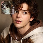 A close-up photo of a small dog with expressive wide eyes and fluffy fur, being held closely by a person partially visible in the shadows, creating a cozy and intimate vibe.