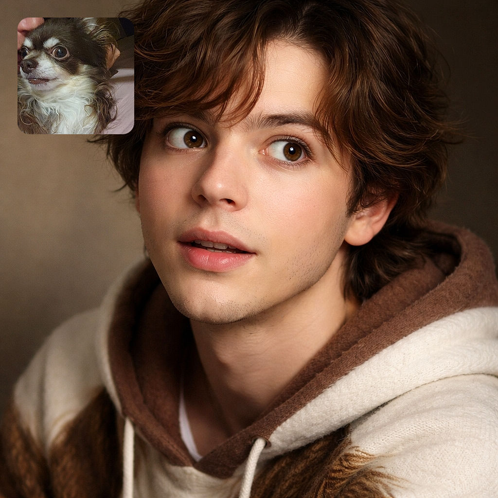 A close-up photo of a small dog with expressive wide eyes and fluffy fur, being held closely by a person partially visible in the shadows, creating a cozy and intimate vibe.