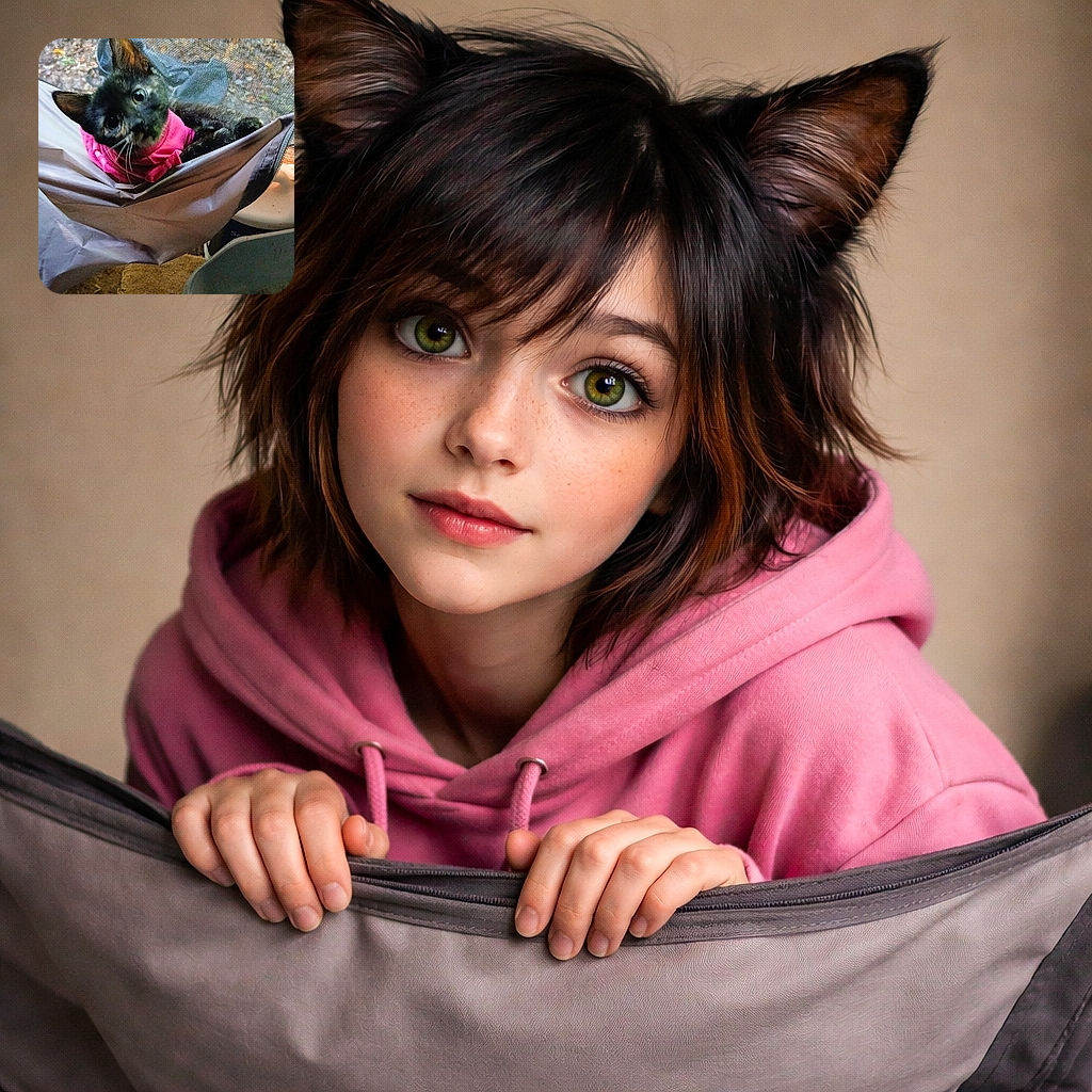 A curious cat wearing a bright pink shirt lounges in a hammock, peering inquisitively at the camera with wide eyes. The background shows a mesh screen and some outdoor foliage, while the foreground includes a litter box and some household items, creating a cozy yet slightly cluttered scene.