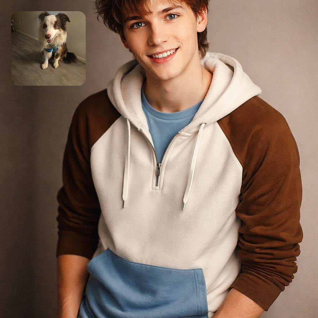 A cheerful brown-and-white dog (looks like an Australian Shepherd) sitting indoors against a plain wall, wearing a blue harness and tag, offering a happy, slightly goofy smile while the tail flicks off to the side — cozy home vibes and curious eyes stealing the show.