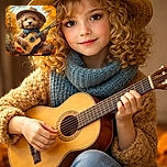 An adorable, fluffy dog wearing a hat and a blue scarf is skillfully playing an acoustic guitar amidst a vibrant autumn forest full of orange and yellow leaves, creating a heartwarming and whimsical scene.