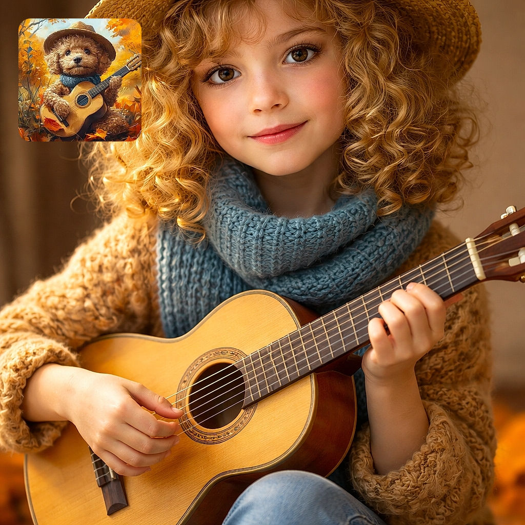 An adorable, fluffy dog wearing a hat and a blue scarf is skillfully playing an acoustic guitar amidst a vibrant autumn forest full of orange and yellow leaves, creating a heartwarming and whimsical scene.