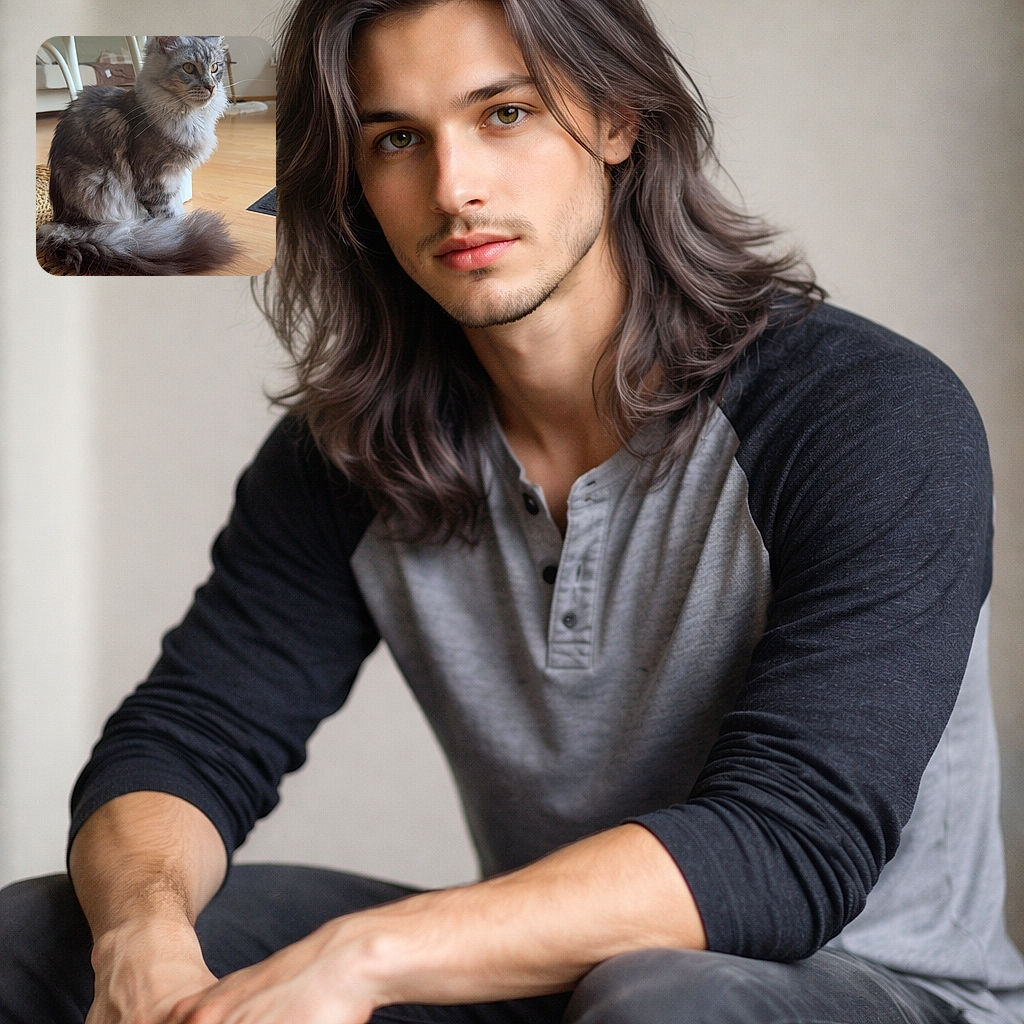 A regal, fluffy gray cat sits like a tiny furry monarch surveying its hardwood kingdom — ears perked, whiskers on point, and a plume of tail that could double as a feather duster.