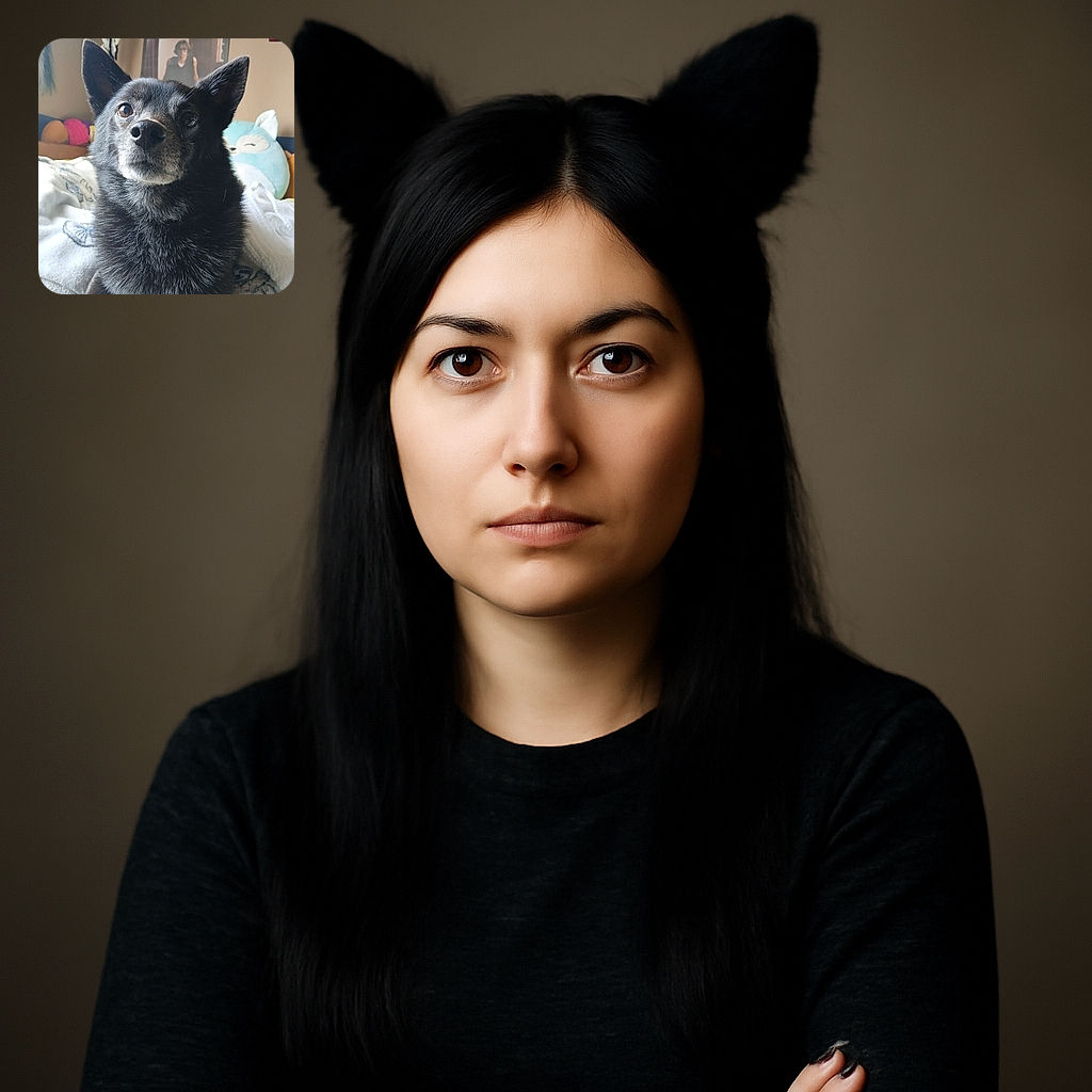 A close-up photo of a black dog with expressive eyes looking slightly upwards, sitting comfortably on a bed with soft blankets and pillows. The background includes a framed poster and various cozy items, giving a warm, homey feel.