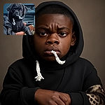 A charming black puppy dressed in a cozy black hoodie, chewing on the hoodie string with an innocent yet mischievous expression, held gently by a person inside a car with a blurred outdoor background.