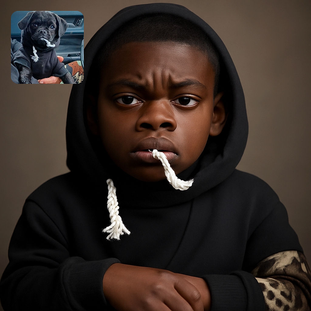 A charming black puppy dressed in a cozy black hoodie, chewing on the hoodie string with an innocent yet mischievous expression, held gently by a person inside a car with a blurred outdoor background.