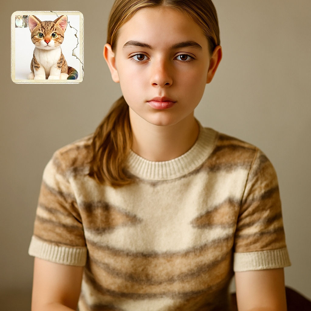 A digitally enhanced or artistically rendered cat with oversized, expressive eyes and a soft, plush-like appearance sits front and center on a clean white background. The photo is framed with a vintage, slightly torn paper border, and in the top left corner, a smaller inset shows a more natural-looking cat photo, creating a quirky contrast between realism and cartoonish charm.