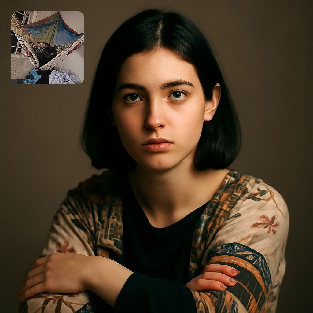 A curious black cat lounges comfortably in a colorful hammock indoors, surrounded by a cozy mess of blankets and fabrics, with a window and textured walls in the background.