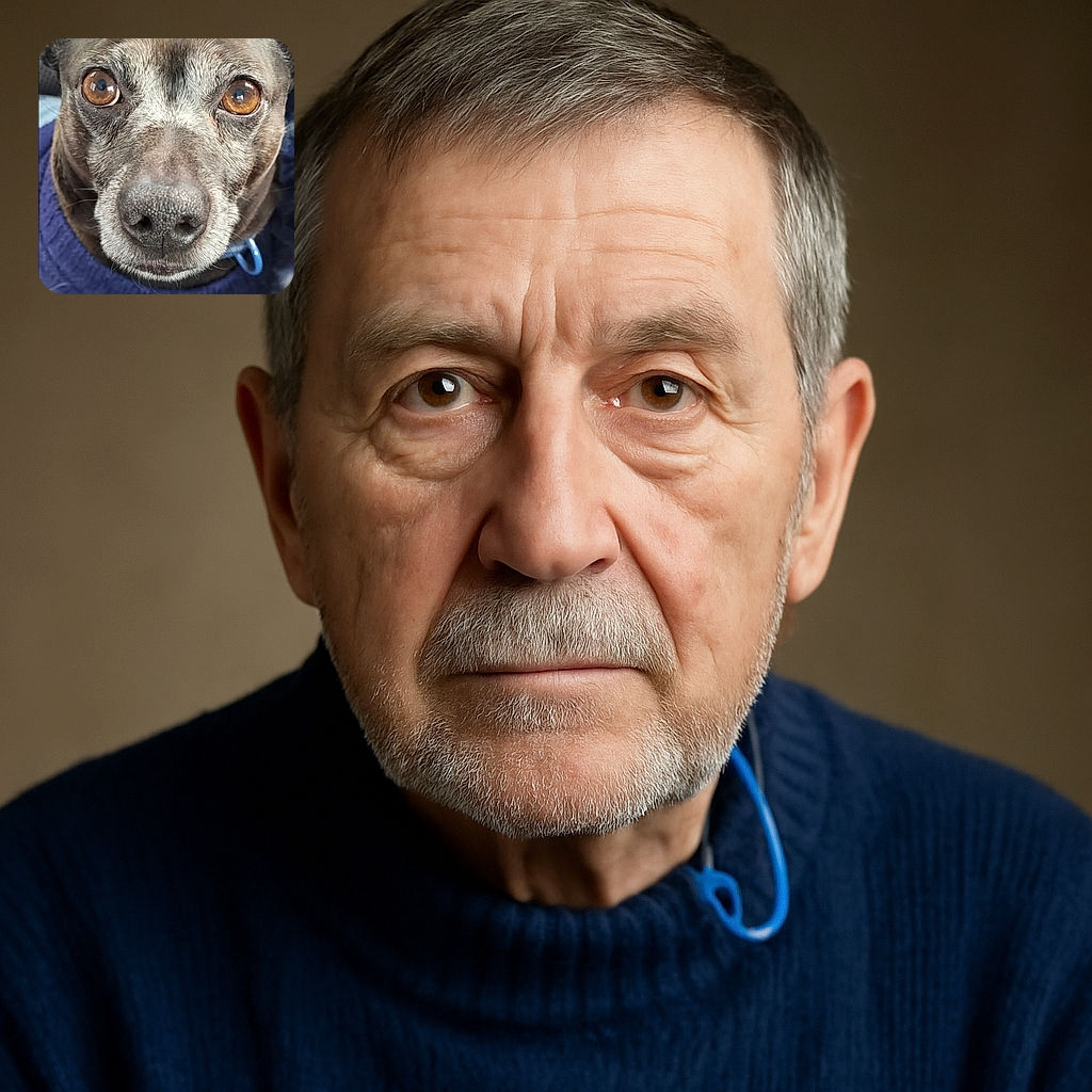 A close-up photo of a dog with soulful brown eyes wearing a cozy blue sweater, looking straight at the camera with a background of a patterned blanket. The image includes social media interface elements such as likes, comments, and shares, making it look like a candid snapshot shared online.