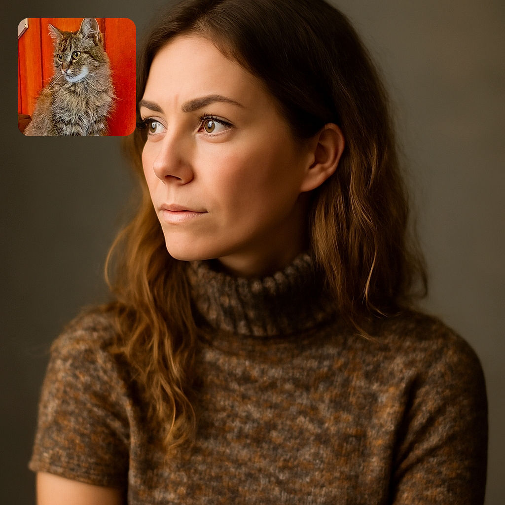 A fluffy tabby cat with expressive eyes poses gracefully against a warm orange wooden background, looking off to the side as if contemplating the mysteries of the universe or where the next snack might be.